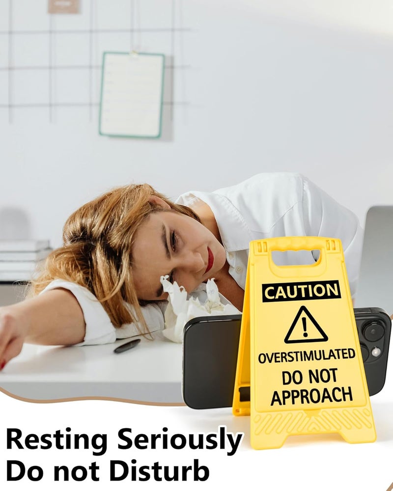 EXUBERIUM Caution Overstimulated Do Not Approach Office Decor, Funny Desk Sign for Women Coworkers, Sarcastic Plaque with Phone Holder Mirror Function, Humorous Gag Gifts for Birthday Tax Season - Image 4